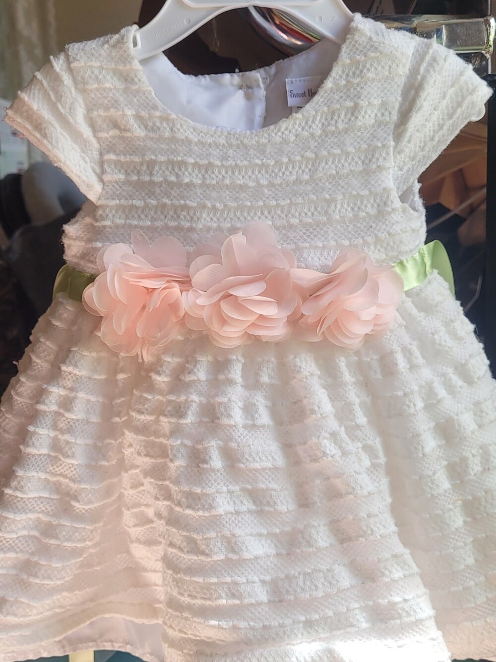 Sweet Heart Rose White Baby Dress with Pink Floral Sash
